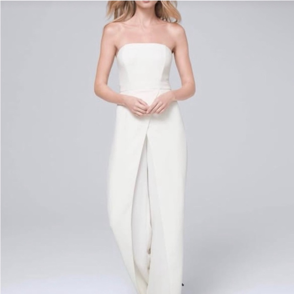 White House Black Market Strapless White Front-Slit Jumpsuit